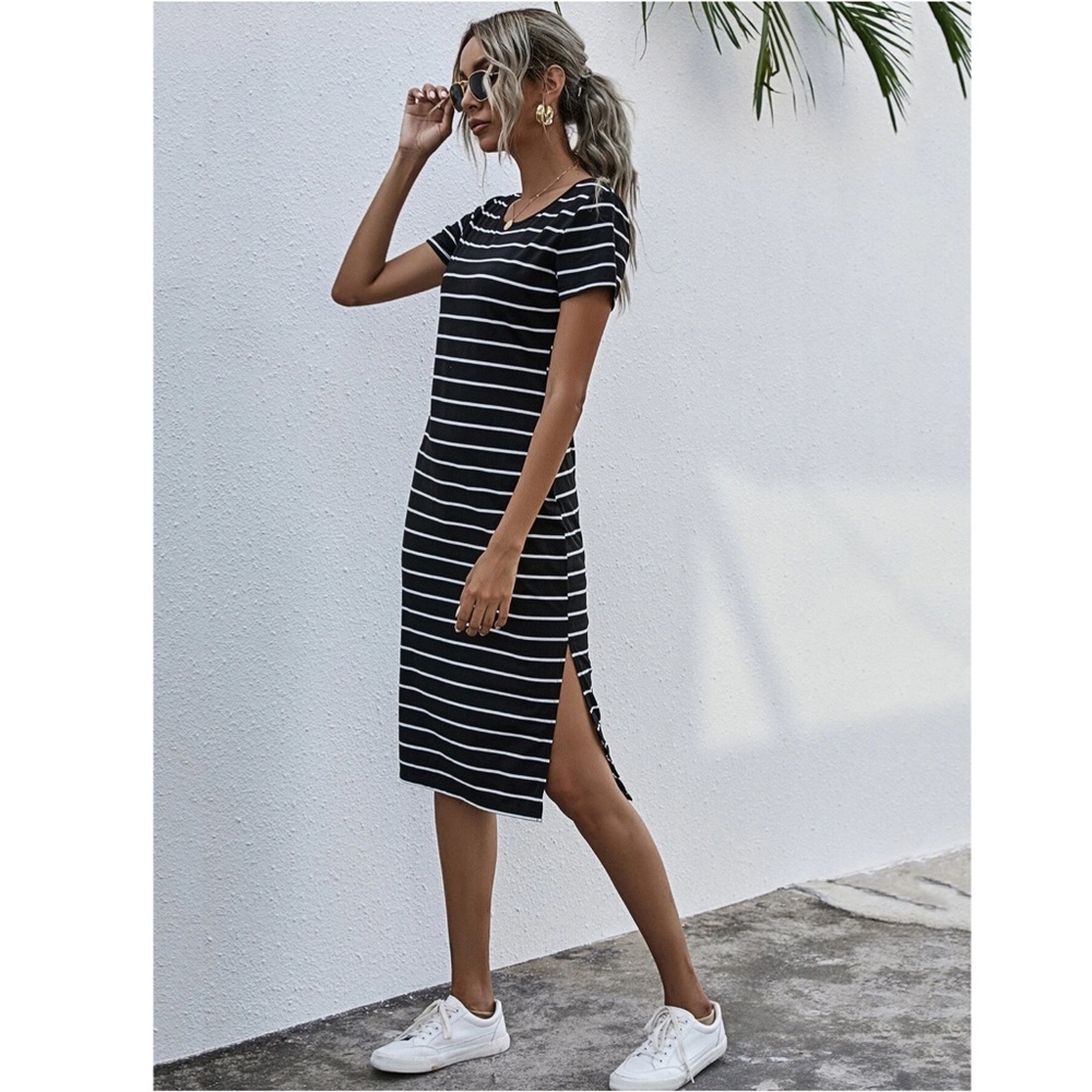 Striped Tee Shirt Dress Side Slits White on Black Short Sleeves - Picture 2 of 8
